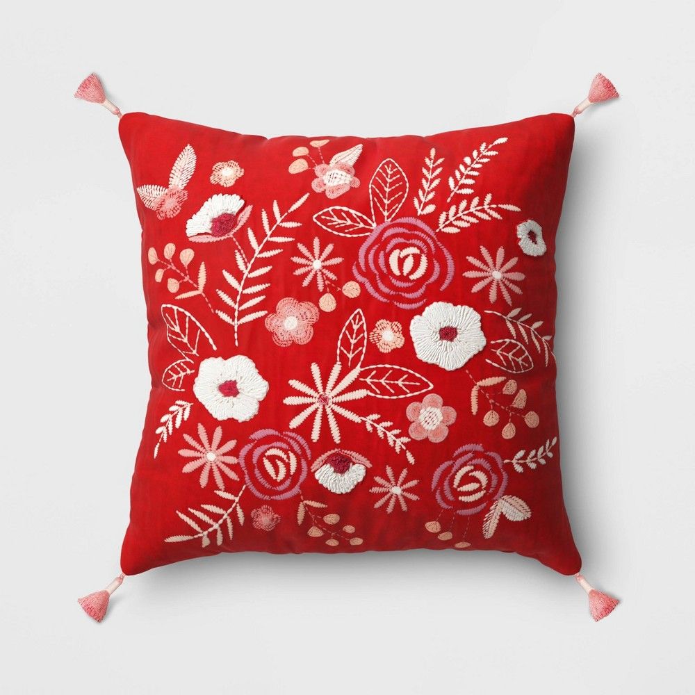 Square Embroidered Floral Valentine's Day Pillow Red - Opalhouse™ | Target