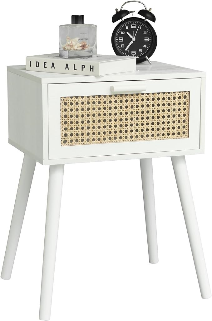 AWASEN White Rattan Nightstand, Modern Bedside Table with Rattan Drawer, End Table with Storage a... | Amazon (US)
