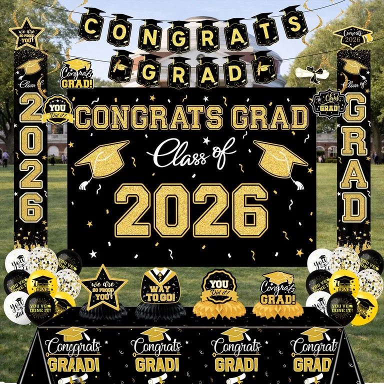 WETRBWEH Graduation Decorations 2026 Black Gold Party Set,Congrats Grad Banner,Hanging Swirls,Bac... | Walmart (US)