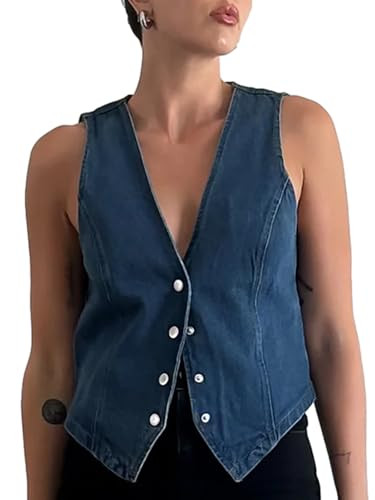 Women Denim Vest Top Sleeveless Button Down Jean Corset Tops Y2K Tank Top Slim Backless Crop Tops Vest #12 V-Neck_Blue,Small | Amazon (US)