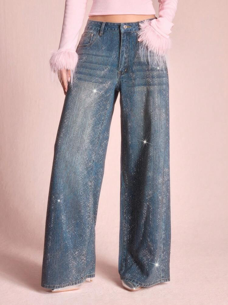 ROMWE EDITION Y2K Glittery Loose Wide Leg Women Denim Low Waist Jeans For Rave Party | SHEIN