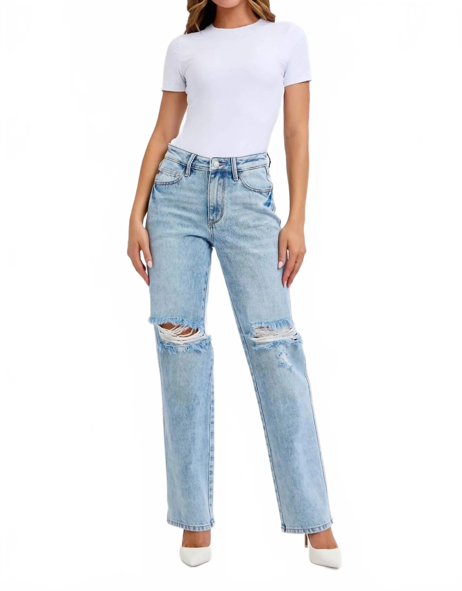 High Waist Destroyed 90's Straight Jeans In Light Wash | Shop Simon