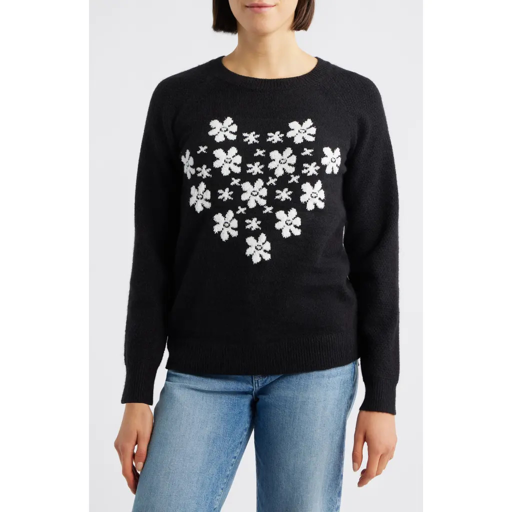 Bobeau Floral Heart Graphic Crewneck Sweater in Black/Ivory at Nordstrom, Size Large | Nordstrom