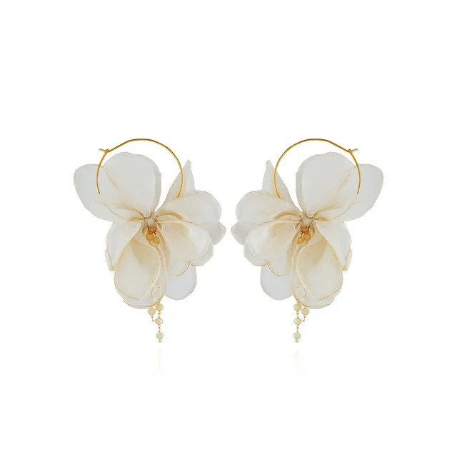 Time and Tru Women's Gold Tone Modern Ivory Fabric Flower Petal Hoop Earrings | Walmart (US)