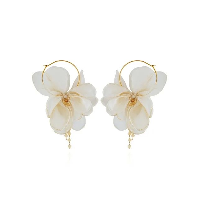 Time and Tru Women's Gold Tone Modern Ivory Fabric Flower Petal Hoop Earrings | Walmart (US)