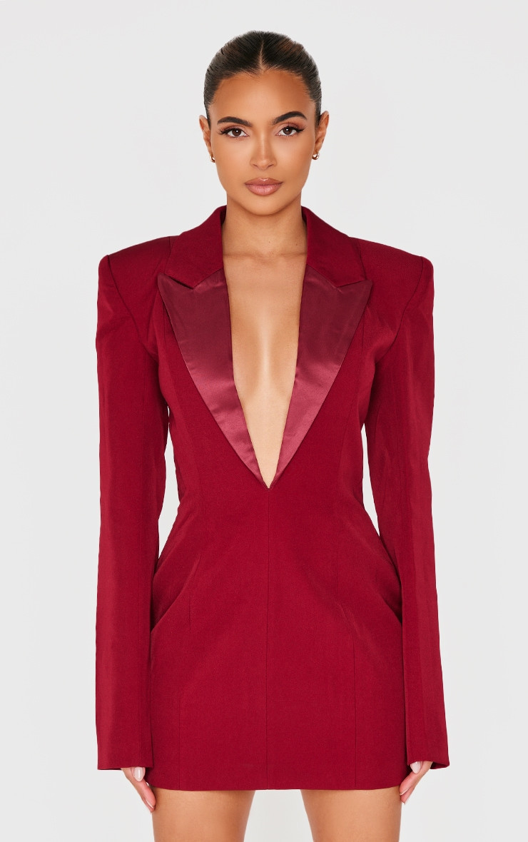 Burgundy Tailored Satin Lapel Blazer Dress | PrettyLittleThing US
