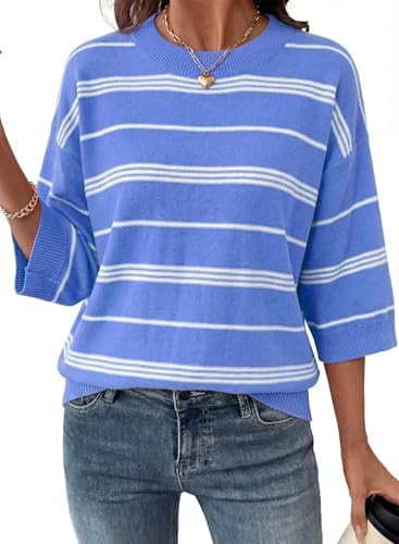 Dokotoo Womens Sweaters Spring Summer Oversized 3/4 Sleeve Striped Crewneck Casual Lightweight Kn... | Amazon (US)
