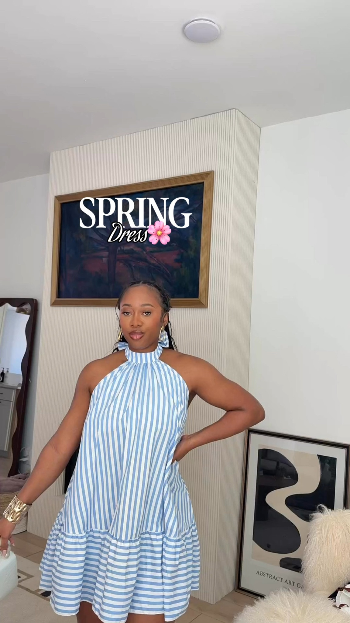 Blue and white striped halter babydoll mini dress   #LTKstyletip #springoutfit #springoutfitoufit 

 #LTKgrwm #LTKootd #LTKMidsize