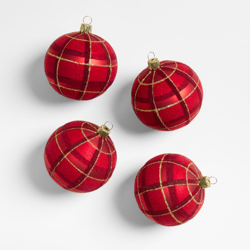 Red & Gold Glitter Plaid Ball Christmas Ornaments, Set of 4 + Reviews | Crate & Barrel | Crate & Barrel
