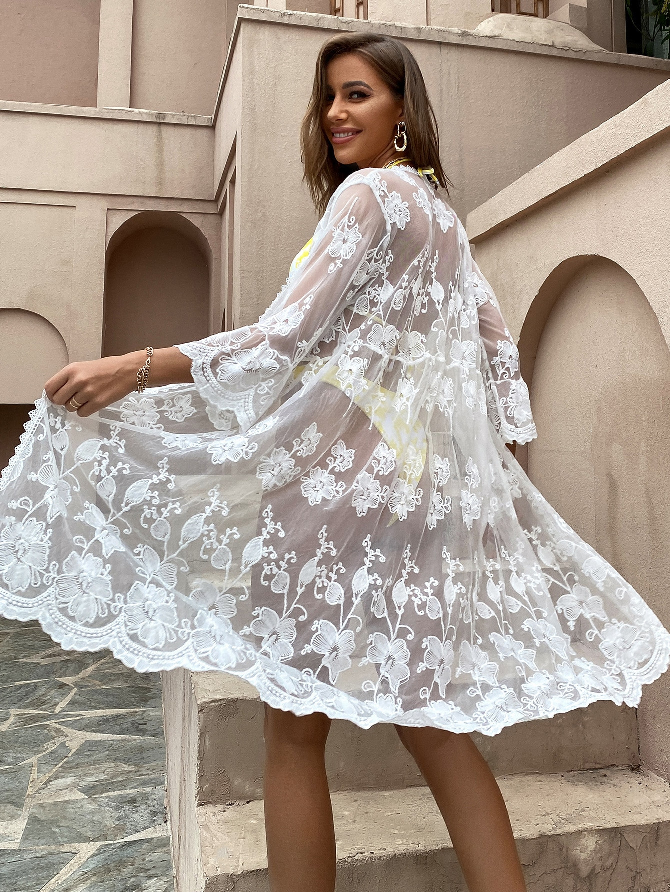 Open Front Sheer Lace Kimono | SHEIN