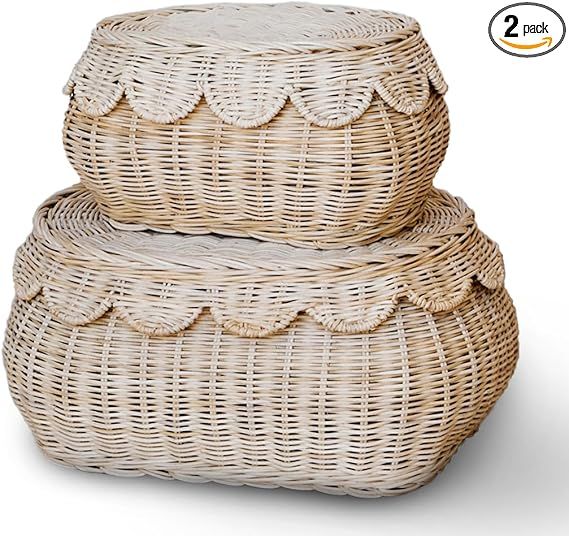 Hand Woven Rattan Basket Set - 15x10x6 Inch - Small Scalloped Baskets - Round Wicker Basket - Wic... | Amazon (US)