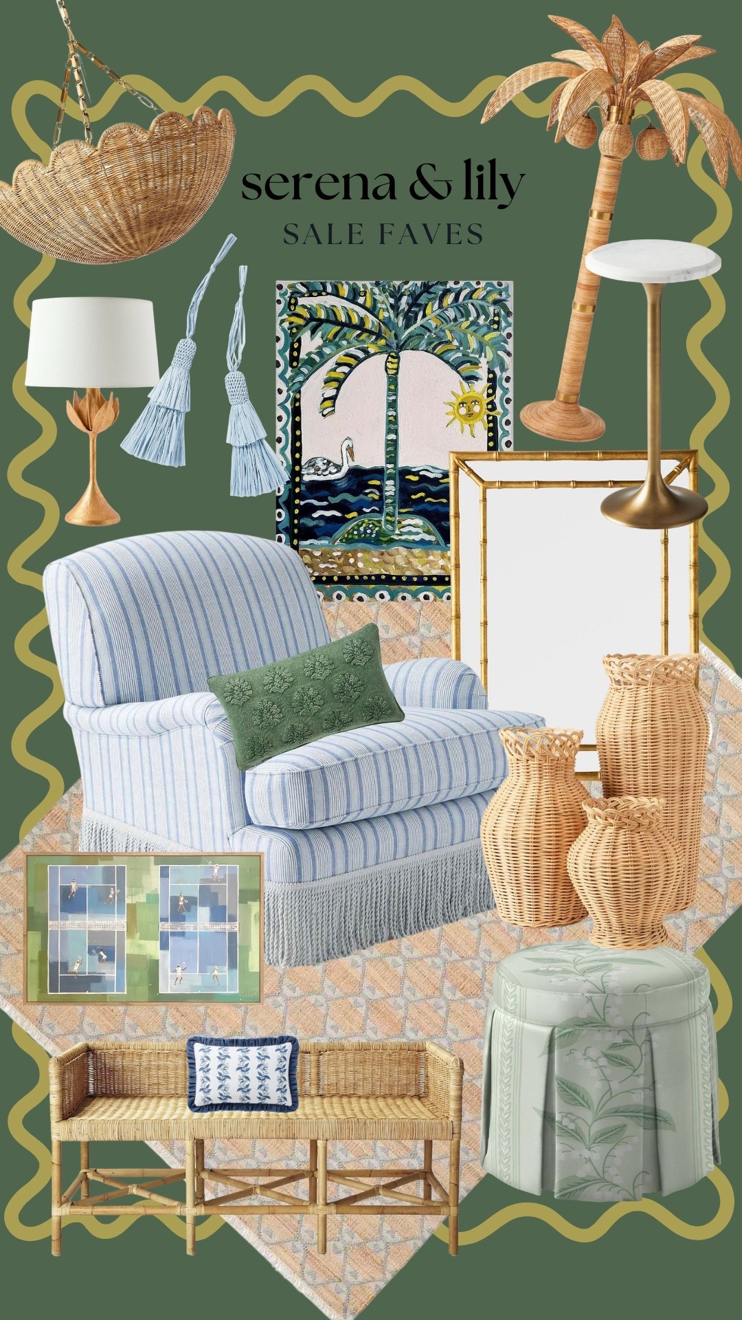 Serena & Lily sale, coastal decor, coastal chic, rattan vase, rattan chandelier, palm tree lighting, Fringe chair, coastal art, green ottoman, martini table, flower lark, blue tassel, blue jute rug, tennis art, rattan bench

#LTKSaleAlert #LTKHome #LTKCyberWeek