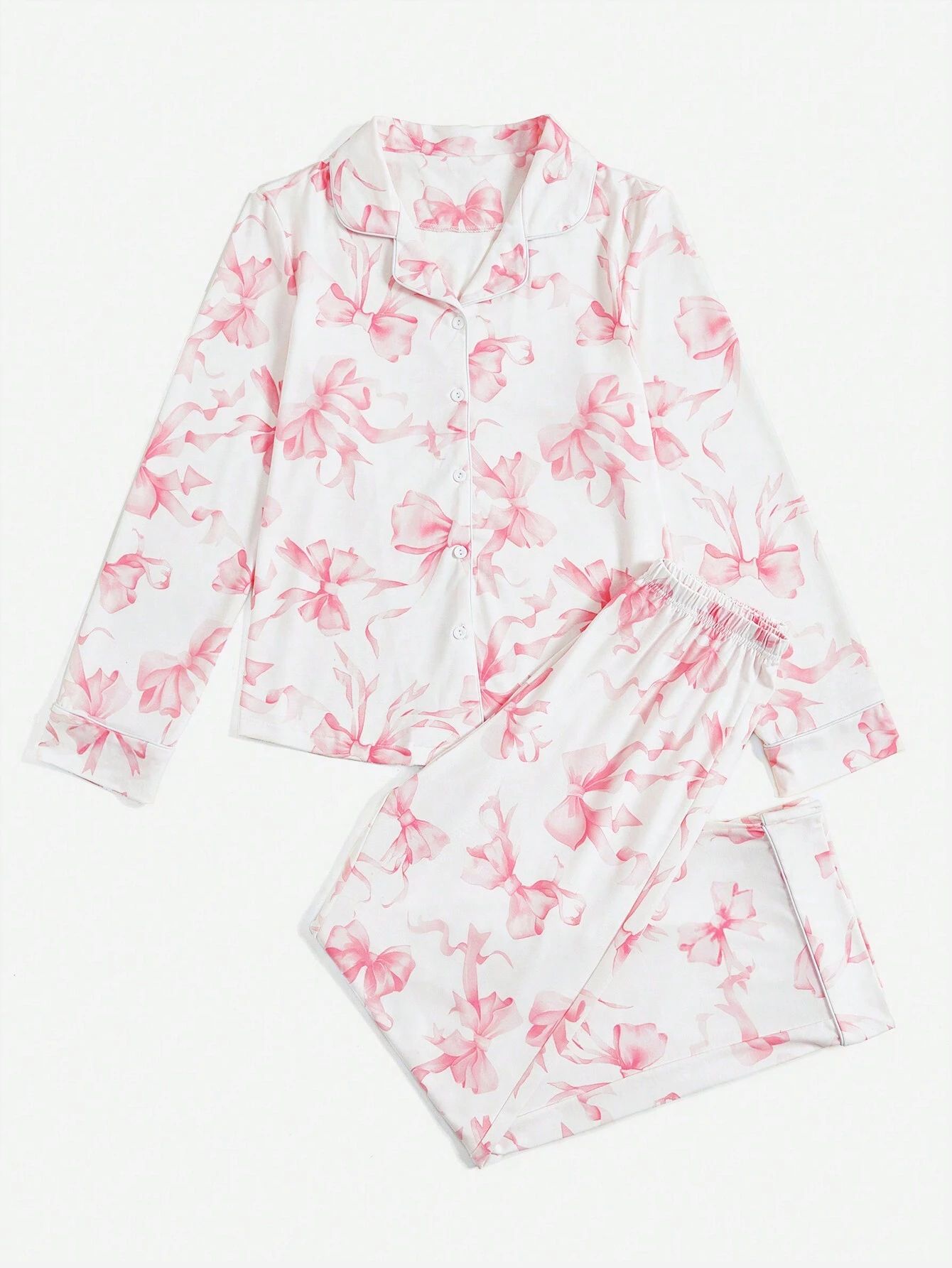 ROMWE Kawaii Bowknot Printed Pajama Set With Bow | SHEIN