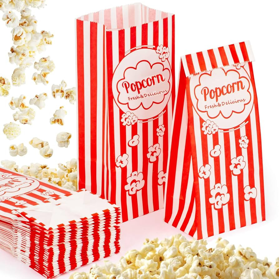 50 Popcorn Bags Individual Servings - Flat Bottom Paper Popcorn Food Bags Party Pop Corn Sleeves ... | Amazon (US)