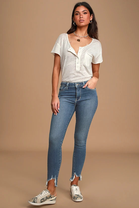 Too Trendy Medium Wash Distressed Denim High Rise Skinny Jeans | Lulus (US)
