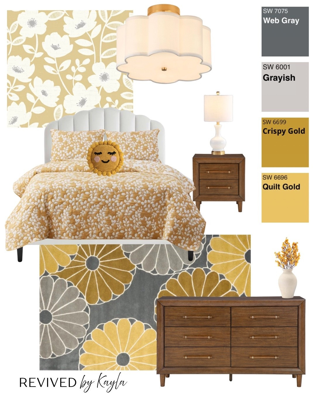 Yellow gold and gray girls flower bedroom design, and color palette from Sherwin Williams 💛🌻 Decor from Wayfair, Amazon, and Ashley 

#homedecor #homedesign #bedroomdecor #bedroomdesign #bedroom #furniture #flowerdecor #girlsroom #girlsbedroom #homeinspo #inspiration yellow flower wallpaper, scallop bed, floral comforter, wood dresser, night stand, gold lamp, gold flower light fixture 

#LTKFindsUnder50 #LTKHome #LTKFindsUnder100