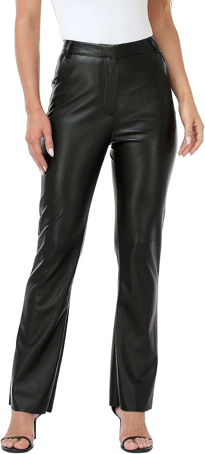 HDE Women's Faux Leather Pants High Waisted Straight Leg Trousers with Pockets | Amazon (US)