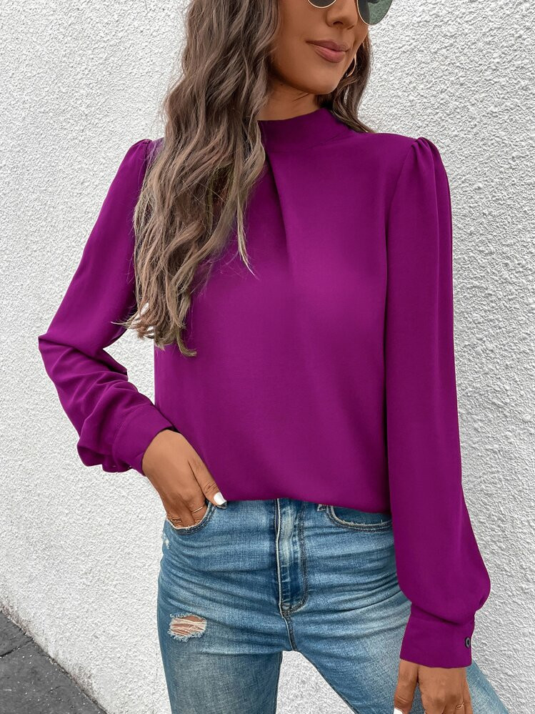 EMERY ROSE Women's Solid Color Stand Collar Puff Sleeve Casual Shirt | SHEIN
