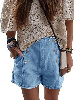 PLNOTME Womens Denim Shorts Mid Rise Casual Summer Loose Vintage Double Breasted Jean Shorts with... | Amazon (US)