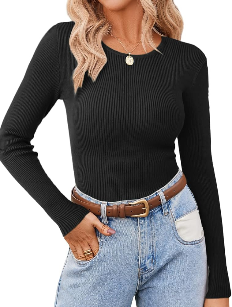 Zeagoo Women's Long Sleeve Ribbed Shirt 2024 Fall Knit Sweater Basic Slim Fit Tops Crewneck Cute ... | Amazon (US)