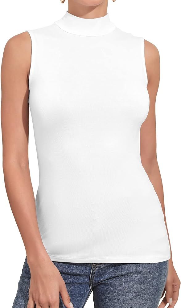 MANGDIUP Women's Mock Turtleneck Long Sleeve Sleeveless Pullover Tops Slim Fit Basic T-Shirts | Amazon (US)