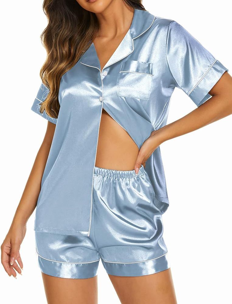 Ekouaer Womens Satin Silk Pajamas Set Short Sleeve Button Down Top and Shorts Sleepwear 2 Piece P... | Amazon (US)