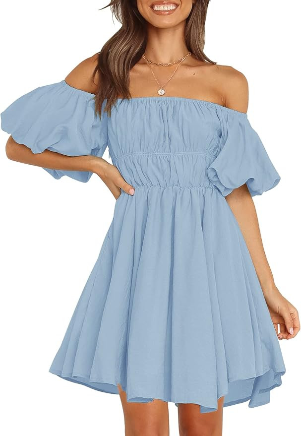 MEROKEETY Women's Puff Sleeve Off Shoulder A Line Dress Ruffle Shirred Summer Mini Dress with Poc... | Amazon (US)