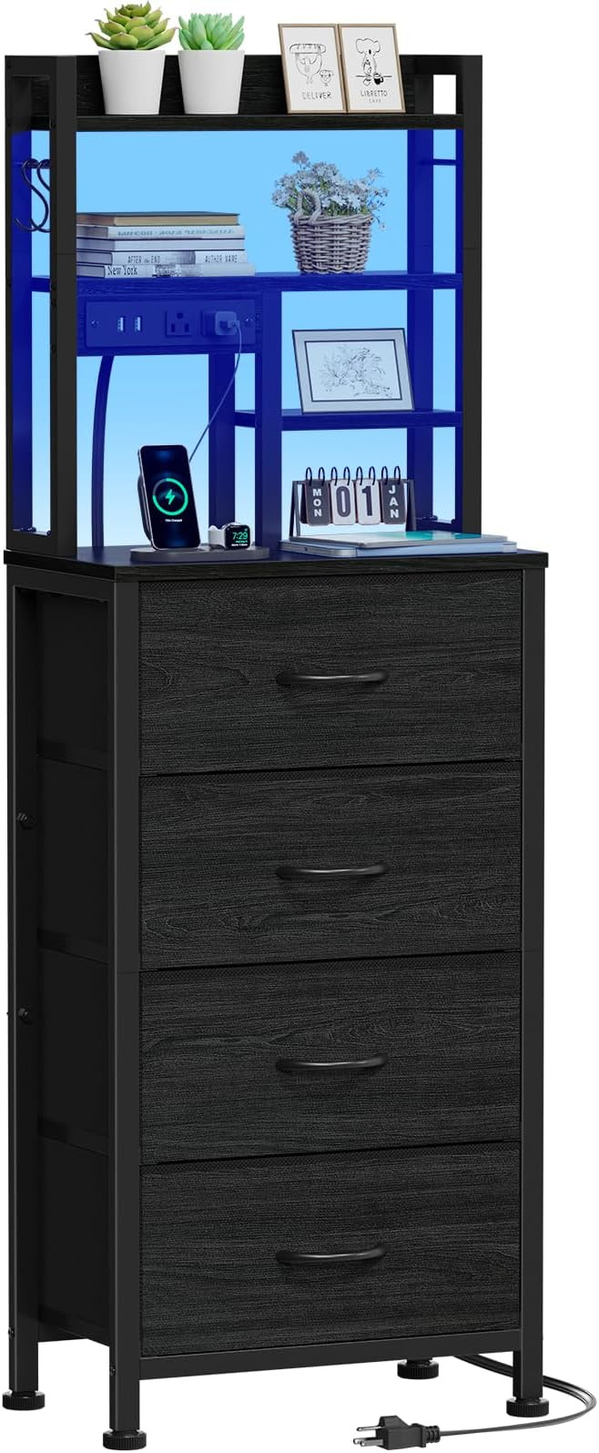 Furnulem Tall Nightstand, LED Night Stand with Charging Station and USB Ports, 4 Fabric Drawers a... | Amazon (US)