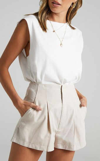 Elyssa Shorts - Pleat Detail Shorts in Beige | Showpo (US, UK & Europe)