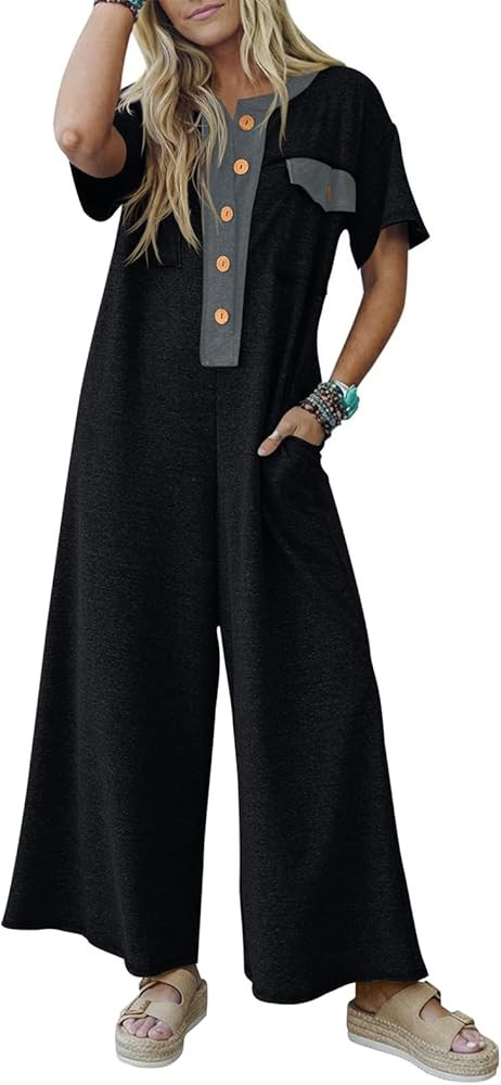 Fisoew Womens Casual Loose Jumpsuits Short Sleeve V-Neck Button Down One Piece Outfits Wide Leg S... | Amazon (US)