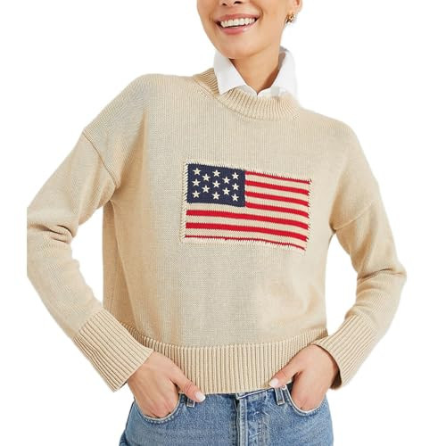 Women American Flag Sweater Long Sleeve Crew Neck Loose Fit Knit Pullover Tops USA Casual Loose Pullover Sweater Ivory White | Amazon (US)