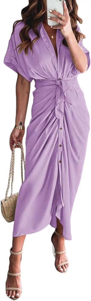 Women Elegant Satin Button Down Short Sleeve Maxi Shirt Dress with Belt | Amazon (US)