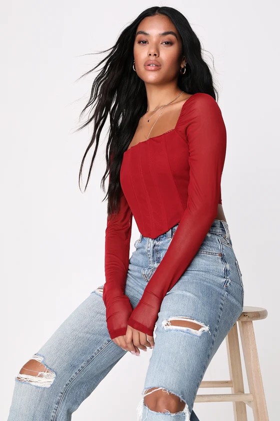 Just Haven't Mesh You Yet Wine Red Mesh Bustier Crop Top | Lulus (US)