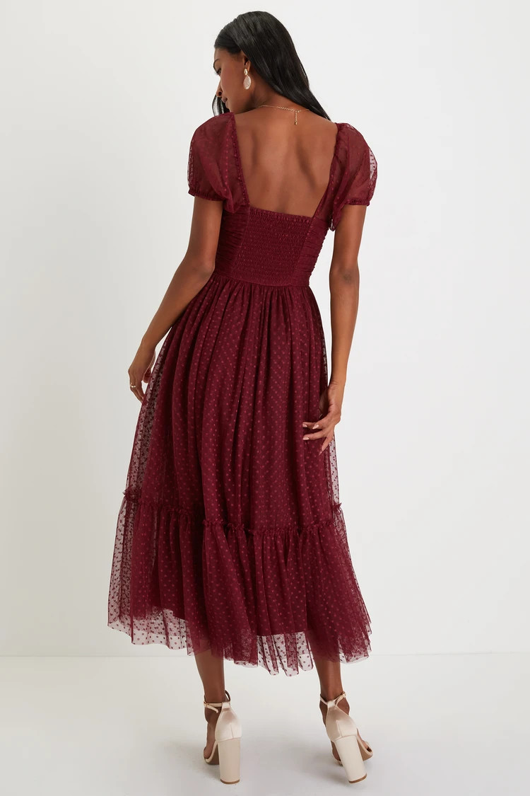 Sweet Amor Burgundy Tulle Swiss Dot Tiered Bustier Midi Dress | Lulus