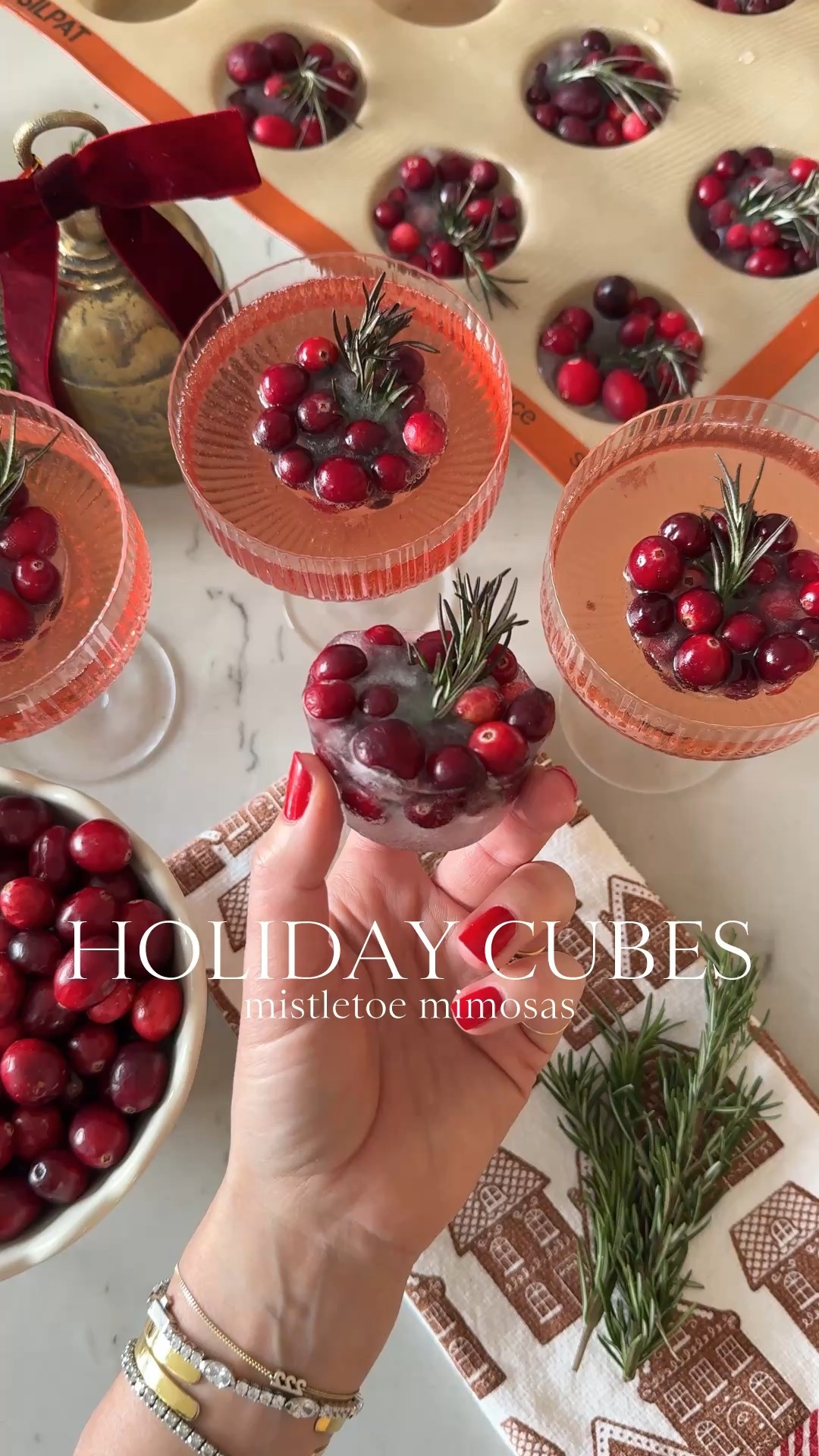 HOLIDAY ice cubes🧊 These are perfect to make a festive mistletoe mimosa drink this Christmas season!🥂 Hosting a party?! Make your cocktails extra fancy with these cubes! Use a silicone muffin tray - it’s the perfect size for a round cube and so easy to pop out! Here’s how I make them…

+ fill with cranberries to the top
+ place a sprig of rosemary in the middle
+ pour water to the brim
+ put in the freezer overnight
+ pop out of the tray and put in coup
+ pour over champagne & a splash of cranberries juice 

#LTKHome #LTKfoodie #LTKHoliday