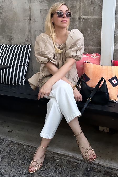 White jeans 
Sandals 
Gold sandals

Vacation outfit
Date night outfit
Spring outfit
#Itkseasonal
#Itkover40
#Itku

#LTKItBag #LTKShoeCrush