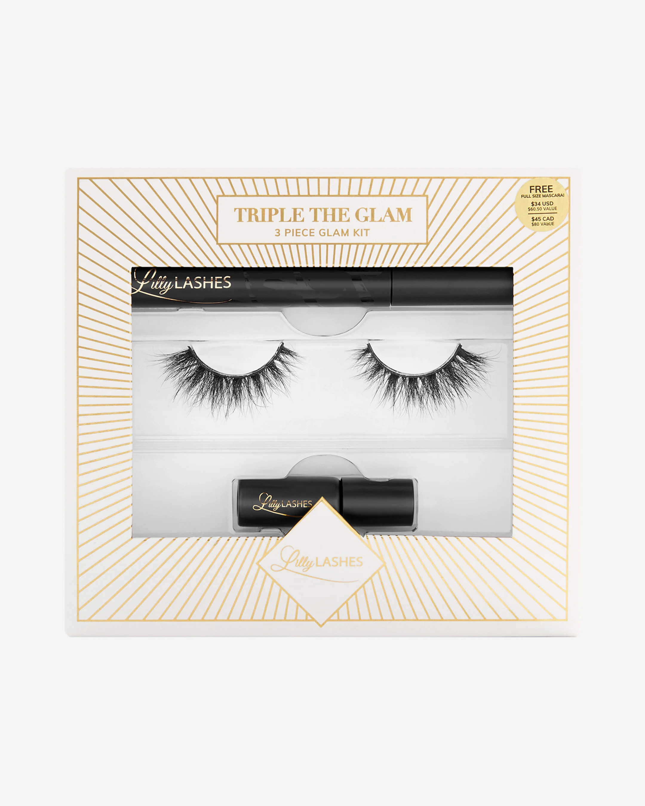Triple The Glam Holiday Lash Kit | Comes with 3D Rome Lash, Full-size Triple X Mascara and Brush-On Lash Adhesive | Lilly Lashes | Lilly Lashes