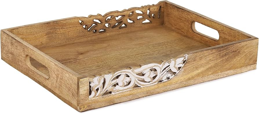 Coffee Table Tray (Natural Finish) - “Flourish” - Wood Serving Tray w/Handles for Breakfast i... | Amazon (US)