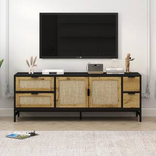 Magic Home 59 in. Boho Rattan Wood Media Console Table Black TV Stand Cabinet with Adjustable She... | The Home Depot