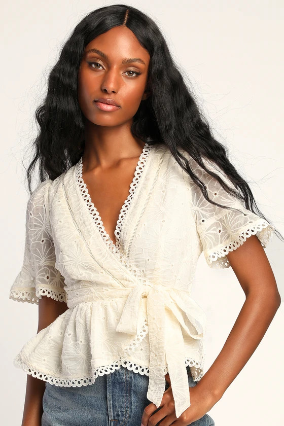 Hello Lover Cream Floral Embroidered Surplice Peplum Top | Lulus (US)