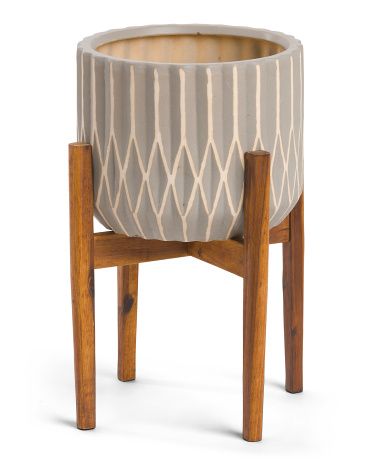 Ceramic Pot With Acacia Wooden Stand | TJ Maxx