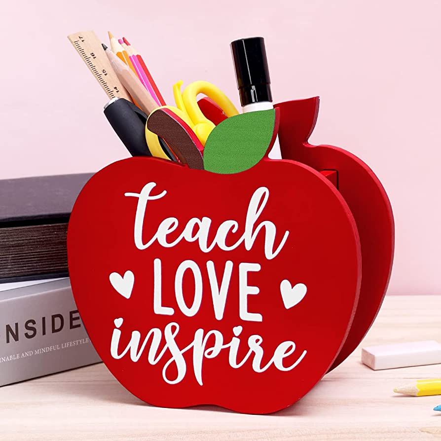 The Shape of Apple Teach Love Inspire Wooden Pencil Holder Desktop Pen Organizer Stocking Stuff T... | Amazon (US)