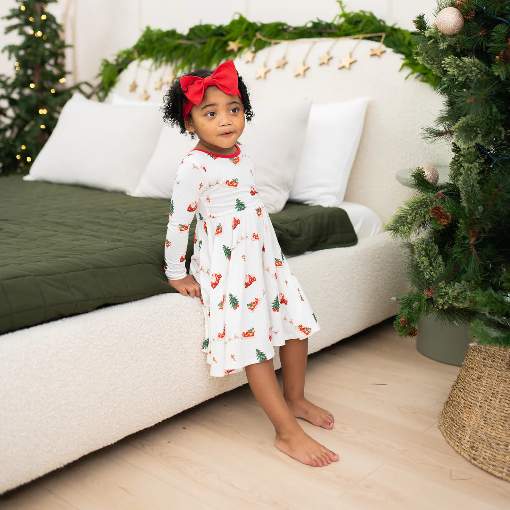Long Sleeve Twirl Dress in Santa Sleigh | Kyte Baby