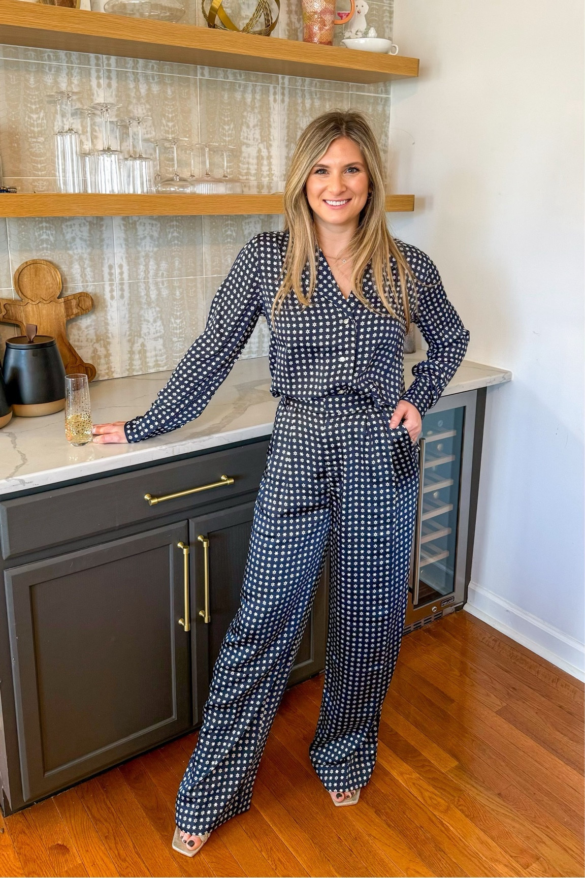 Walmart affordable outfit satin top & bottoms. Satin matching set. Navy colored satin top. Navy colored satin bottoms. Button down holiday outfit. Christmas outfit. Holiday party outfit.

#LTKparties #LTKfindsunder50 #LTKstyletip