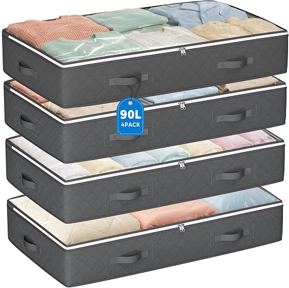 90L Under Bed Storage Containers, 4 Pack Closet Organizers Grey | Foldable underbed storage bins ... | Amazon (US)