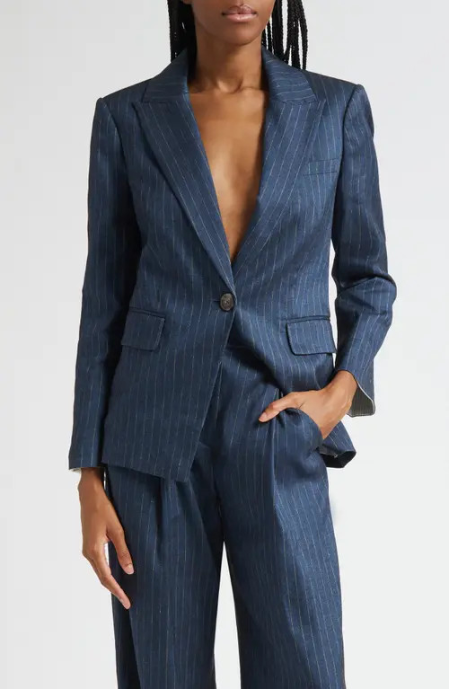 Veronica Beard Obie Pinstripe Linen Blend Dickey Jacket in Blue Dove at Nordstrom, Size 8 | Nordstrom