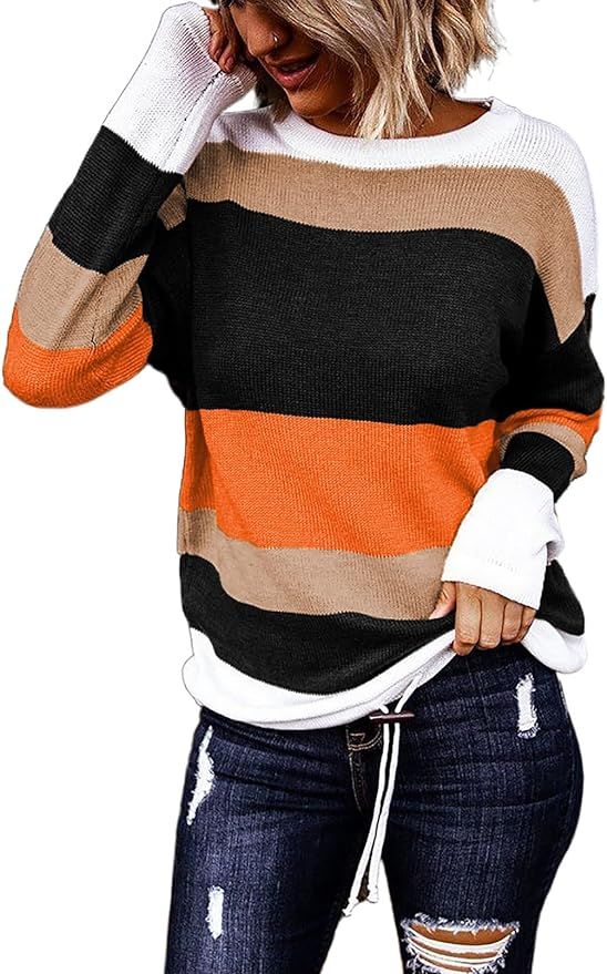 Paitluc Striped Sweater Women's Round Neck Long Sleeve Color Block Drawstring Hem Pullover Sweate... | Amazon (US)