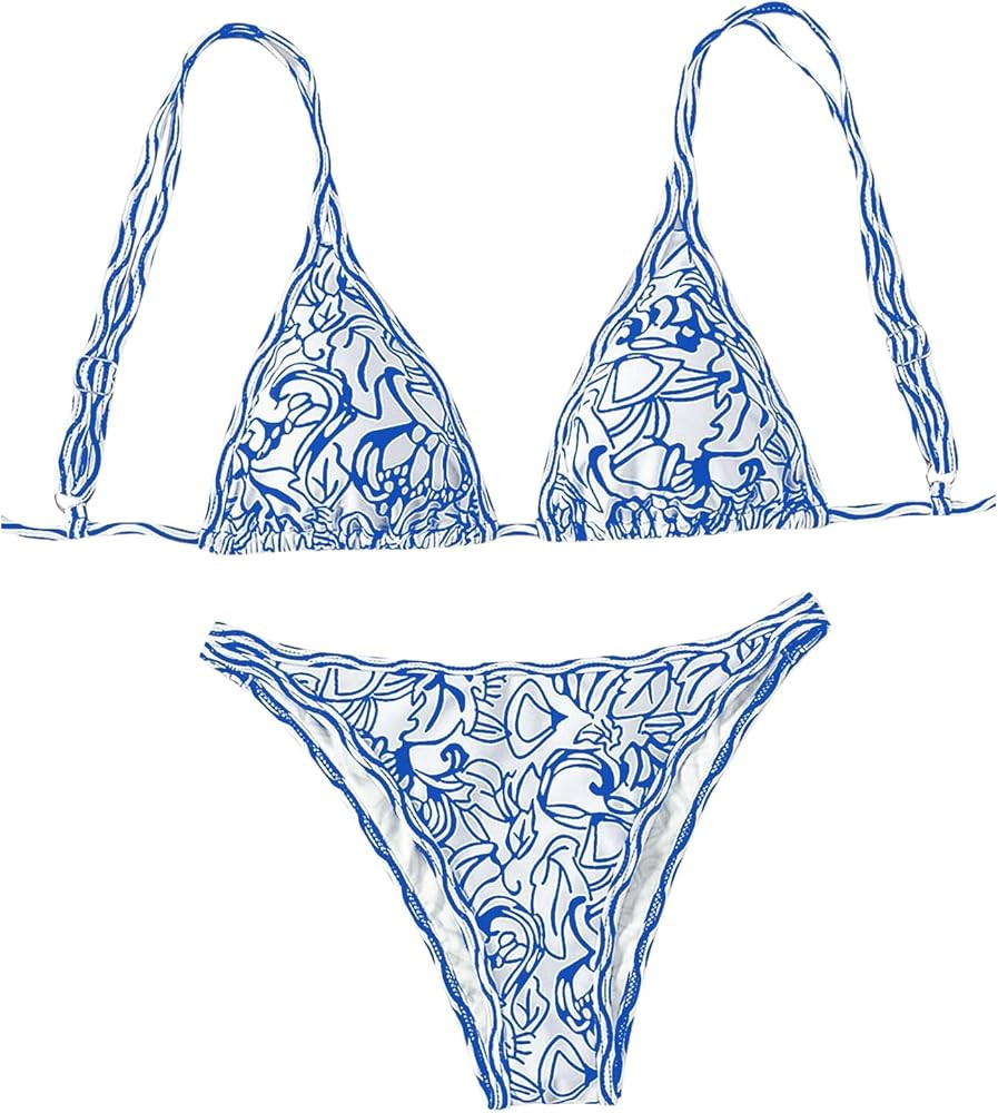 Women's High Waisted Bikini Set Floral Print Spaghetti Strap Smocked Wireless Bathing Suit Swimsu... | Amazon (US)