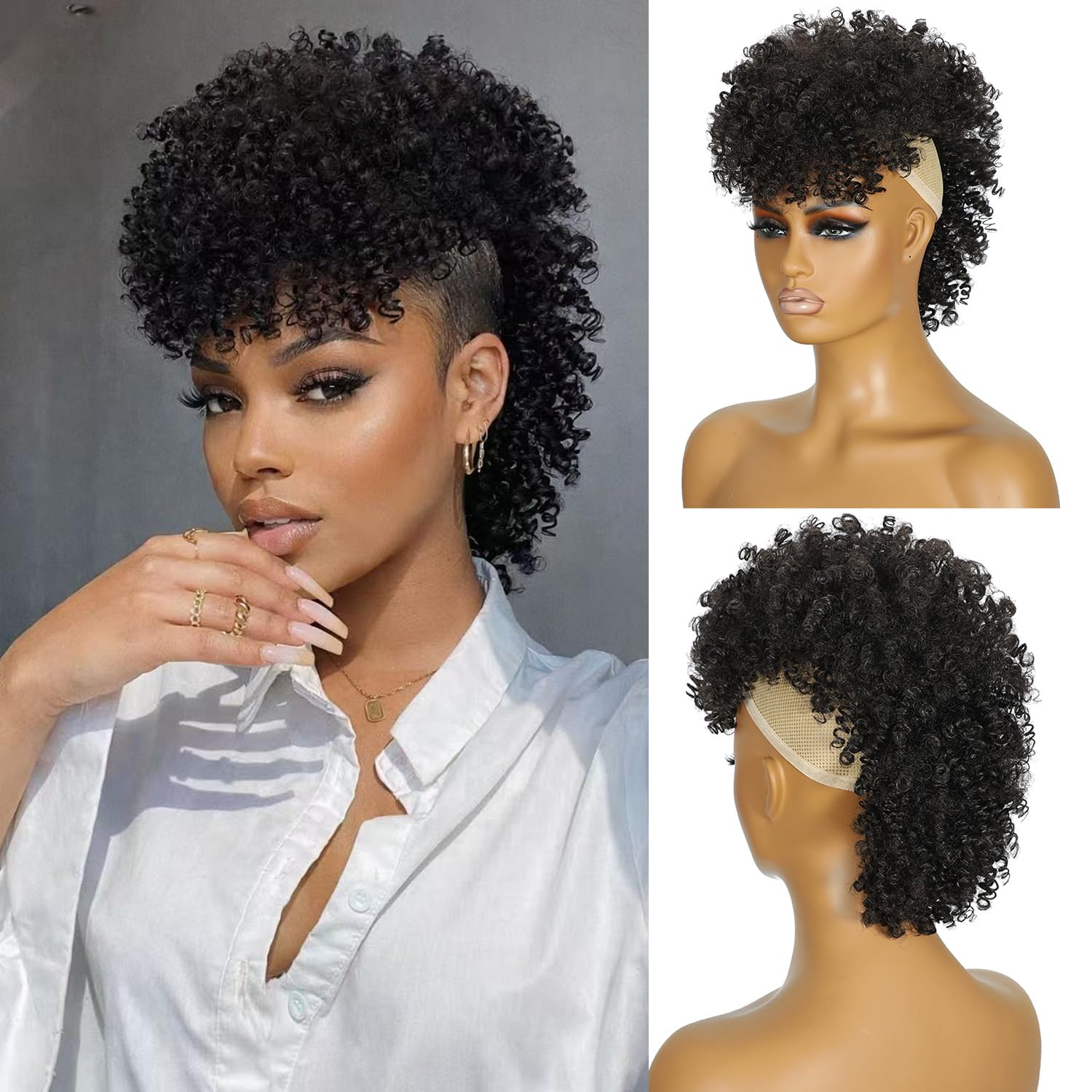 Mohawk Wig Kinky Curly Natural Black Ponytail with Bangs,Short Curly Synthetic Clip on Mohawk Pon... | Amazon (US)