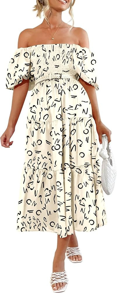 PRETTYGARDEN Women's Casual Summer Midi Dress Puffy Short Sleeve Square Neck Smocked Tiered Ruffl... | Amazon (US)